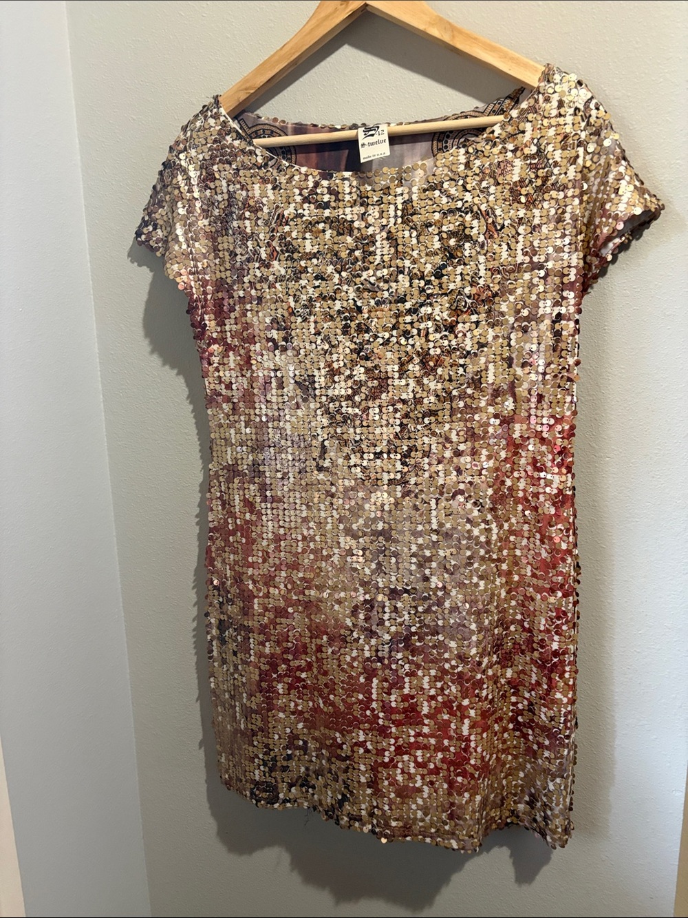 S-12 Sequin Shift Dress in Gold and Rose